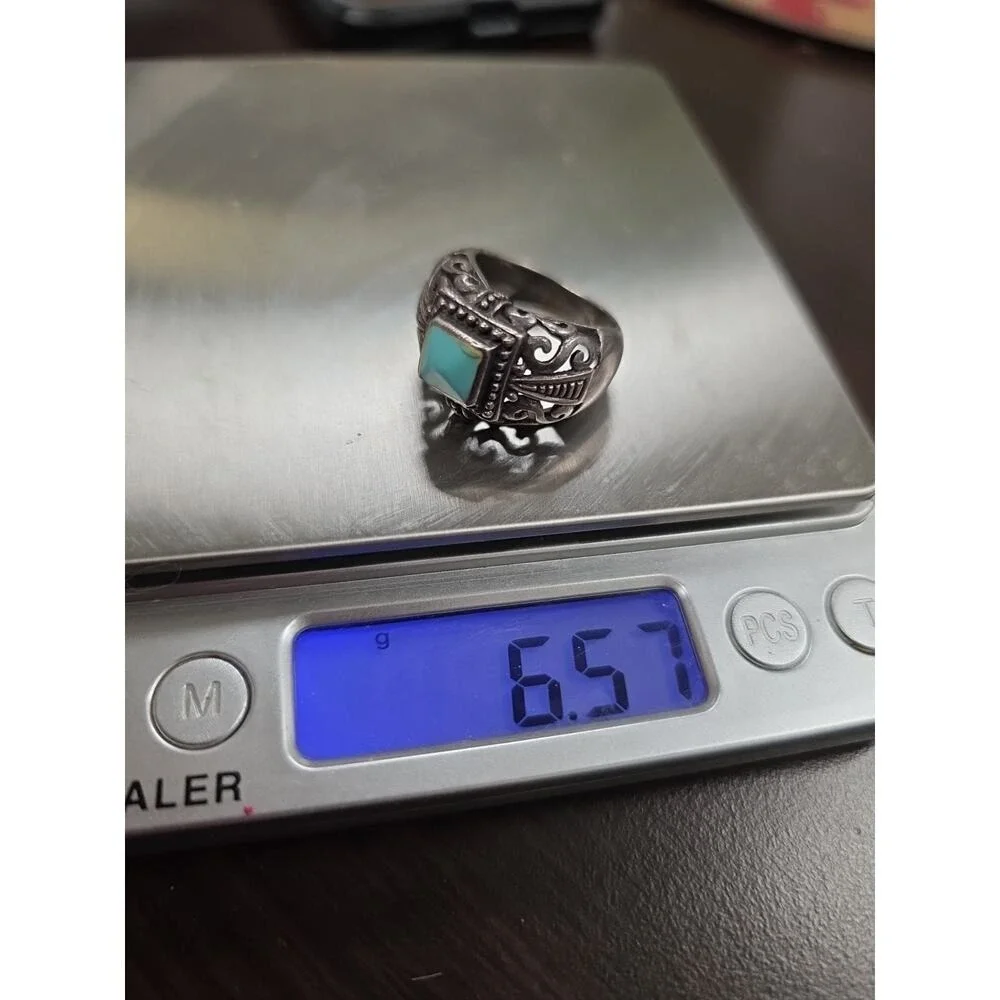 Vintage Native American Sterling Silver Inlaid Turquoise Coral Ring Size‎ 7